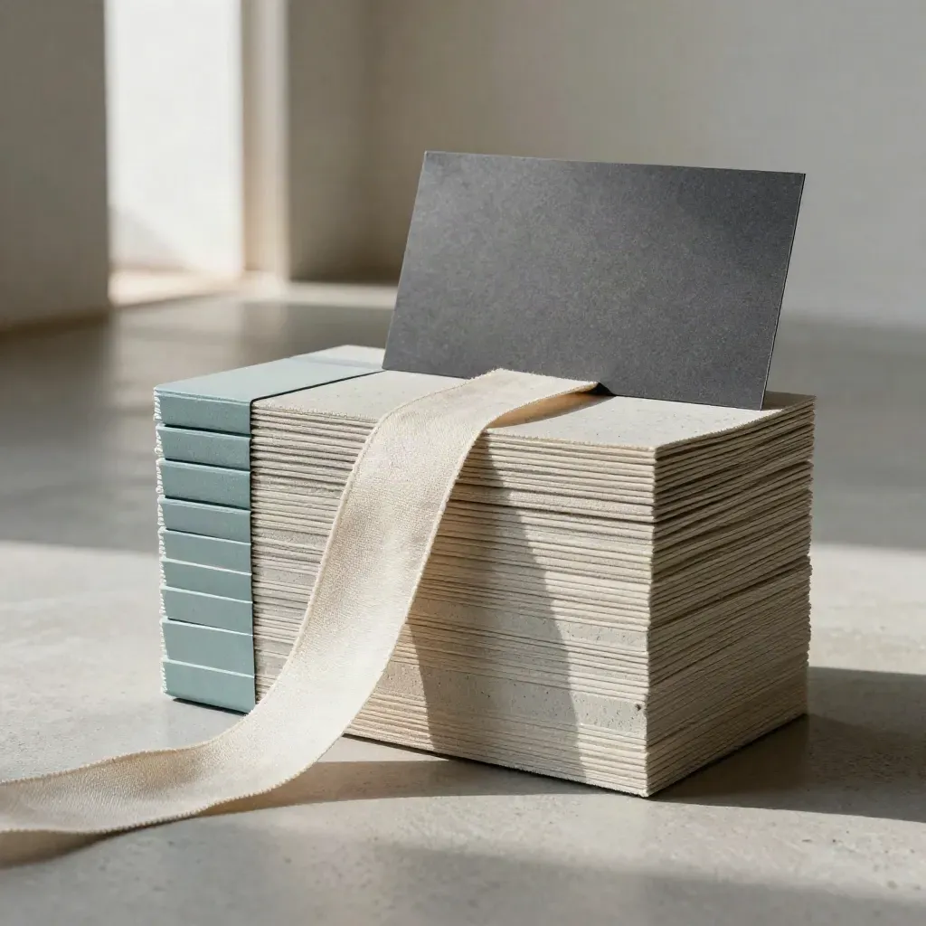 Sale tracker pack with pale tabs and linen ribbon on pale concrete, lit by soft daylight.