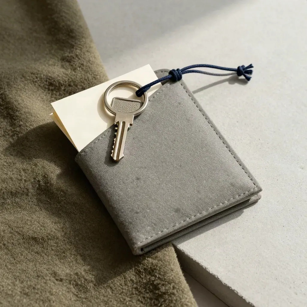 Stone-grey landlord guide pack, key ring, note card and twine on wool cloth and concrete