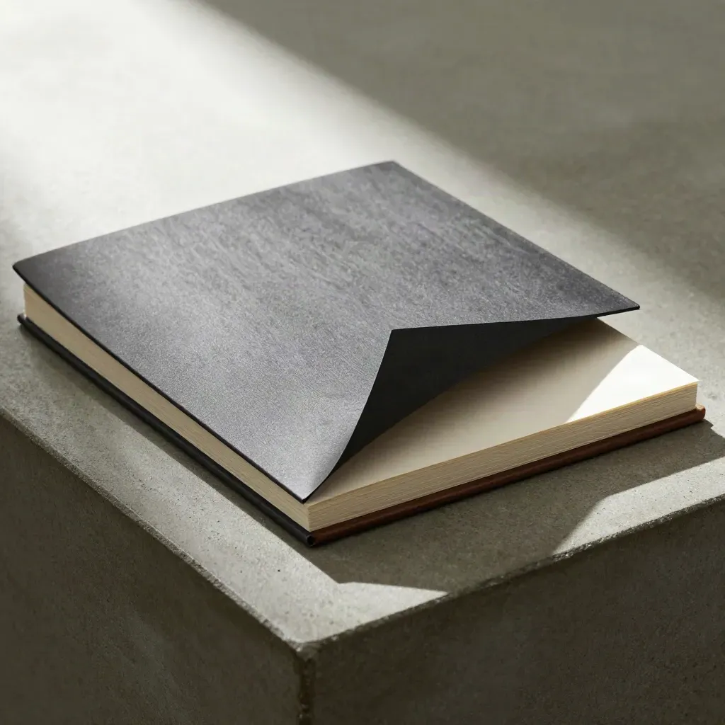 Graphite check-sheet folder on olive concrete with a curled edge and white insert, lit hard from behind.
