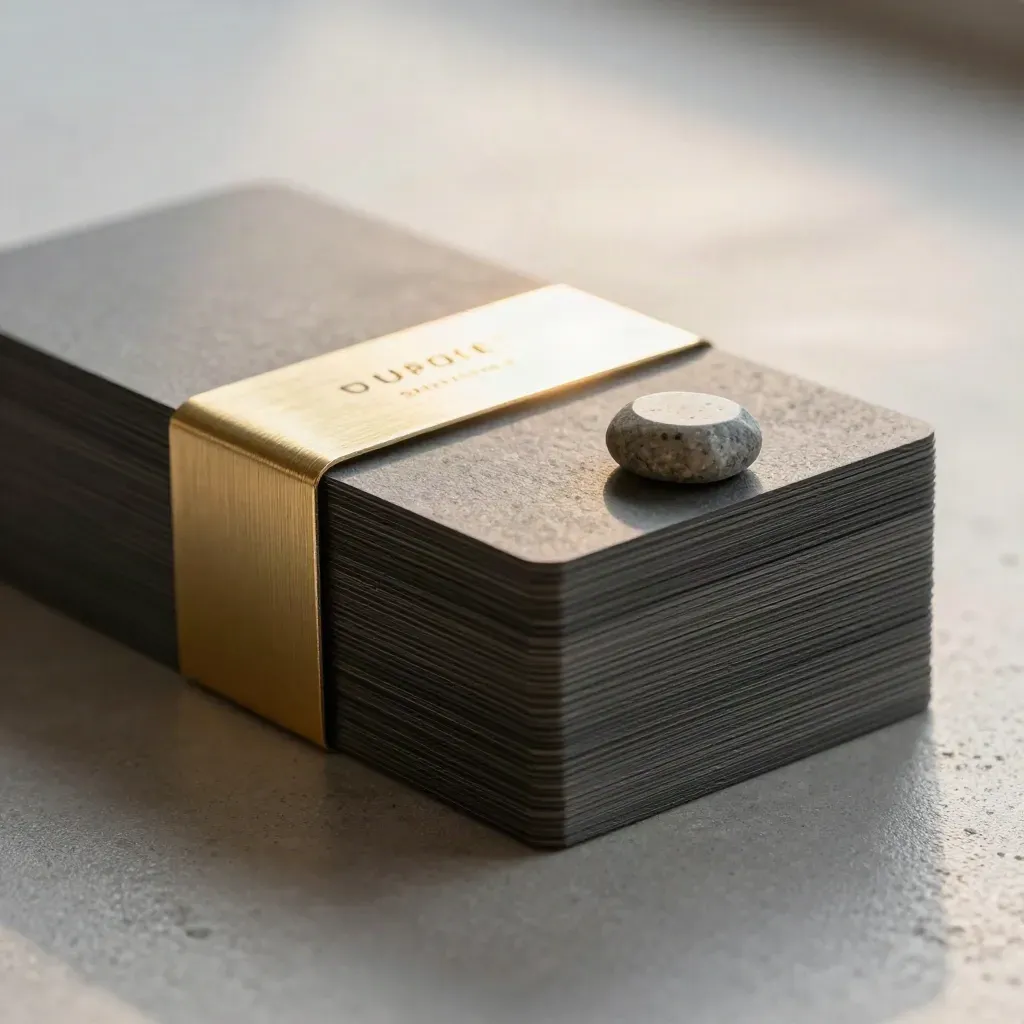 Close-up of a sale update board pack with sliding graphite cards, gold band and stone weight on concrete.