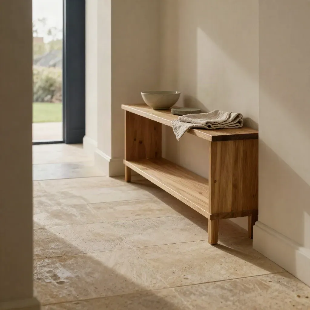 Warm plaster hallway with oak shelving, a blurred doorway, and quiet floor space for copy